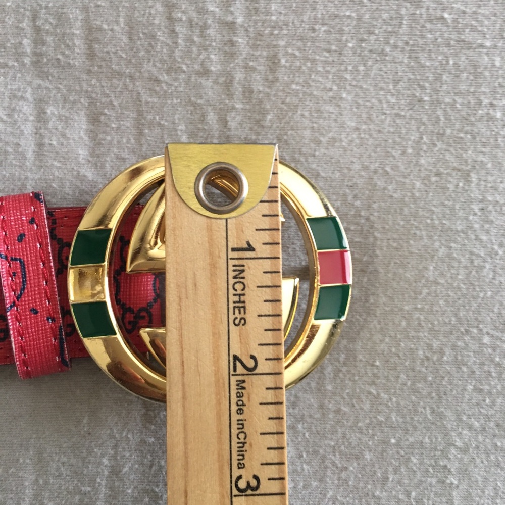 Gucci Leather Belt Red Green Beige Interlocking G Buckle 37-41 Waist - Picture 12 of 16